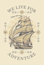 Vintage travel banner with hand-drawn sailing ship Royalty Free Stock Photo