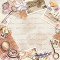 Vintage travel card, blank. Aged paper, compass, hand written letters, old keys, stamps, seals, shells. Letters Royalty Free Stock Photo