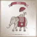 Vintage travel illustration with decorated Indian elephant