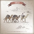 Vintage travel illustration with desert, camels and old mosque, Tunisia. Royalty Free Stock Photo