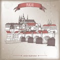 Vintage travel illustration with Prague, Czech Republic, old town sketch.