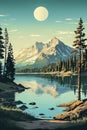 Vintage travel poster. Evening landscape, vacation on the forest lake coast in the mountains. Generative AI