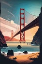 Vintage travel poster of Golden Gate Bridge in California, famous monument of United States.