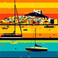 Vintage Travel Poster Poster Of Ibiza With City, Beach And Boats In Orange And Blue Colors