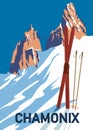 Vintage Travel Poster Ski Chamonix Resort. France Winter Landscape Travel Card