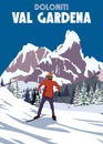 Vintage Travel Poster Ski Val Gardena Resort. Italy Winter Landscape Travel Card