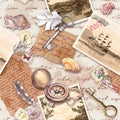 Vintage travel seamless pattern. Aged paper, compass, hand written letters, old keys, stamps, seals, shells. Letters Royalty Free Stock Photo
