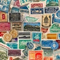 1345 Vintage Travel Stamps: A vintage and travel-inspired background featuring vintage travel stamps with iconic landmarks, vint