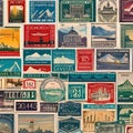 1345 Vintage Travel Stamps: A vintage and travel-inspired background featuring vintage travel stamps with iconic landmarks, vint