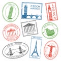 Vintage travel stamps for postcards with europe countries architecture attractions. Post stamp stickers for travels