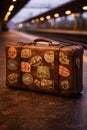 Vintage Travel Suitcase Waiting Alone On Empty Train Platform At Dusk Royalty Free Stock Photo
