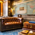 Vintage Travelers Lounge: A lounge area designed like a vintage travelers retreat, with antique suitcases, maps, and travel memo