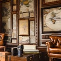 Vintage Travelers Study: A study room with antique maps, vintage suitcases, and leather armchairs1, Generative AI