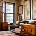 Vintage Travelers Study: A study room with antique maps, vintage suitcases, and leather armchairs3, Generative AI