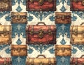 Vintage Treasure Chests on Ornate Damask Wallpaper Seamless Pattern Royalty Free Stock Photo