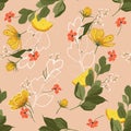 Vintage Trendy bright Summer blooming garden outline and hand pa