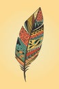 Vintage tribal ethnic hand drawn colorful feather