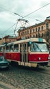 a vintage trolley in the city of Prague