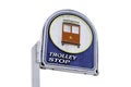 Vintage trolley stop sign, weathered and leaning crooked to the