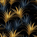 Vintage Tropic Leaves Pattern Design. Cool Floral Wallpaper. Yellow Blue Colors.