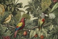 Vintage Tropical Forest Birds In An Old Drawn Wallpaper Jungle