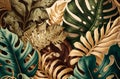 Vintage tropical green brown leaves, Luxury mural, premium wallpaper. 3d painting illustration, watercolor design