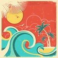 Vintage tropical poster with island and palms.Vect