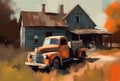 Vintage truck house farm. Generate Ai Royalty Free Stock Photo