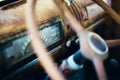 Classic steering wheel. Rust glass closeup.