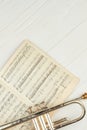 Vintage trumpet and music notes, top view. Royalty Free Stock Photo