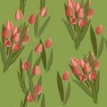 Vintage tulip seamless pattern of bright flowers and leaves. Vector. Royalty Free Stock Photo