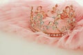 Vintage tulle pink chiffon dress and diamond tiara on wooden white table. Wedding and girl& x27;s party concept Royalty Free Stock Photo