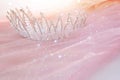 Vintage tulle pink chiffon dress and diamond tiara on wooden white table. Wedding and girl& x27;s party concept Royalty Free Stock Photo