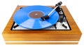 Vintage turntable with a blue vinyl isolated on white