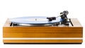 Vintage turntable with a blue vinyl isolated on white