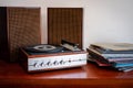 Vintage turntable with vinyls