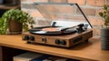 Vintage Turntable Serenade: Turntable with Vinyl Record on Table in Room - Closeup