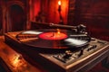 Vintage turntable with vinyl record on dark room background.