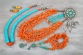 Vintage Turquoise, Branch Coral and Silver, Native American Jewelry. Royalty Free Stock Photo