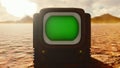 Vintage TV with green screen in the middle of the Apocalyptic desert. Post-Apocalypse, global warming, climate change