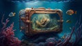 Vintage TV in the sea. Underwater world.