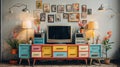 Vintage tv shelf in vibrant colors with tv and retro details on the wall