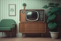 Vintage tv standing on a wooden cabinet next to a comfy couch in a stylish day room interior. Generative AI