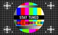 Vintage TV test pattern with caption stay tuned, offline, disturbance,error sign, website down sign,fictional vector art