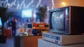 Vintage tv and vcr on display in a retro themed setting with string lights Royalty Free Stock Photo