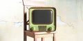 Vintage TV on a wooden chair, faded wall background. 3d illustration