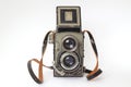 Vintage twin lens reflex camera with open viewfinder. Front view. R Royalty Free Stock Photo