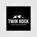 Vintage twin rock mountain and sunburst logo in dark background vector illustration