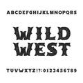 Vintage typeface. Retro distressed alphabet font. Wild west bold letters and numbers.