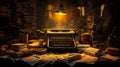 A vintage typewriter atop a weathered desk, surrounded by stacks of yellowed paper. A solitary desk lamp casts a warm glow on the